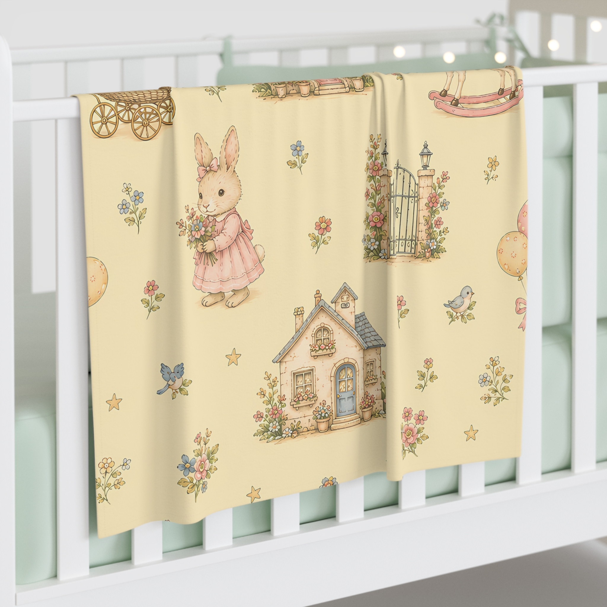 Vintage Nursery Baby Swaddle Blanket — Pastel Toy & Cottage Print - Image 3