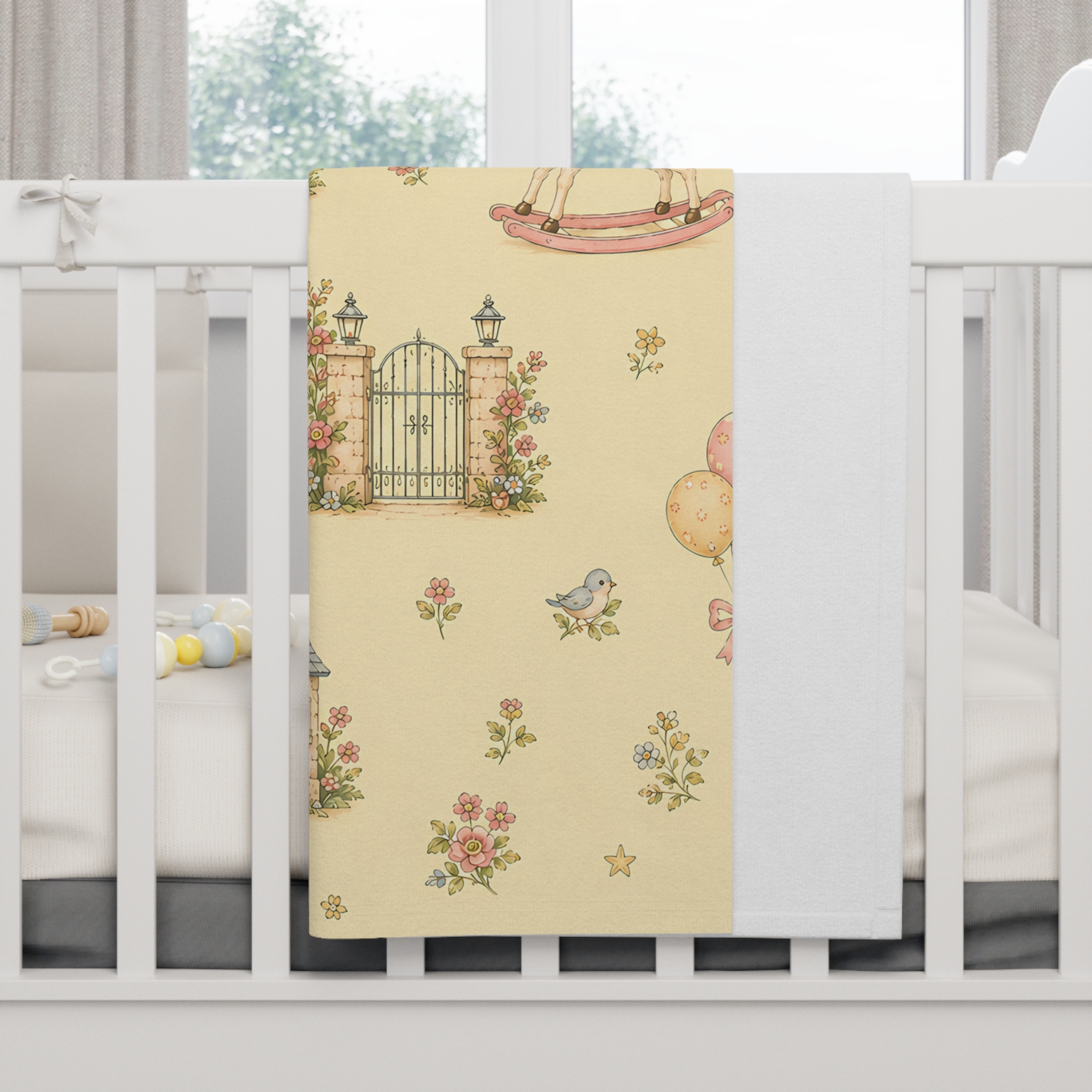 Vintage Nursery Soft Fleece Baby Blanket – Pastel Bunny, Teddy & Toy House Print - Image 4