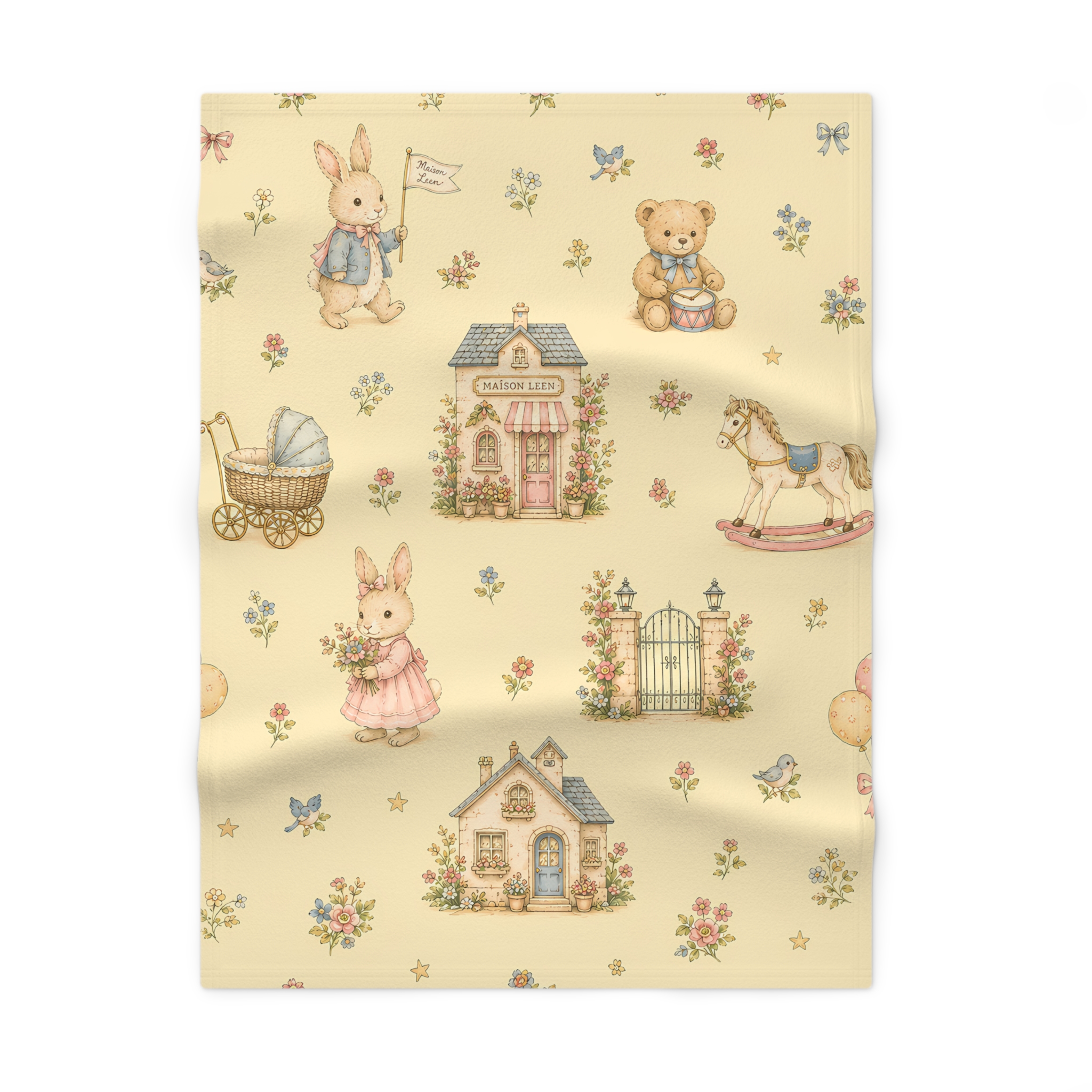 Vintage Nursery Soft Fleece Baby Blanket – Pastel Bunny, Teddy & Toy House Print