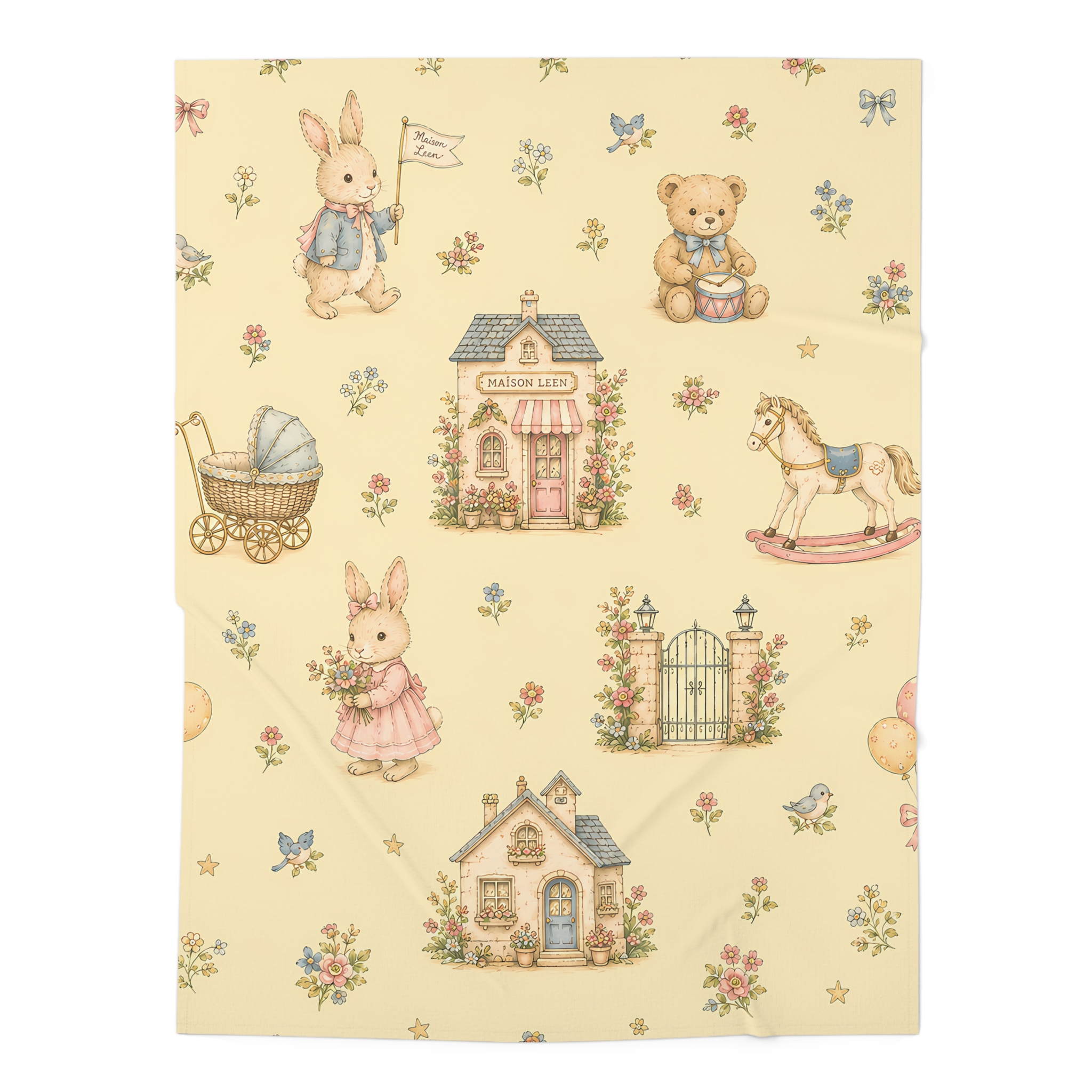 Vintage Nursery Baby Swaddle Blanket — Pastel Toy & Cottage Print