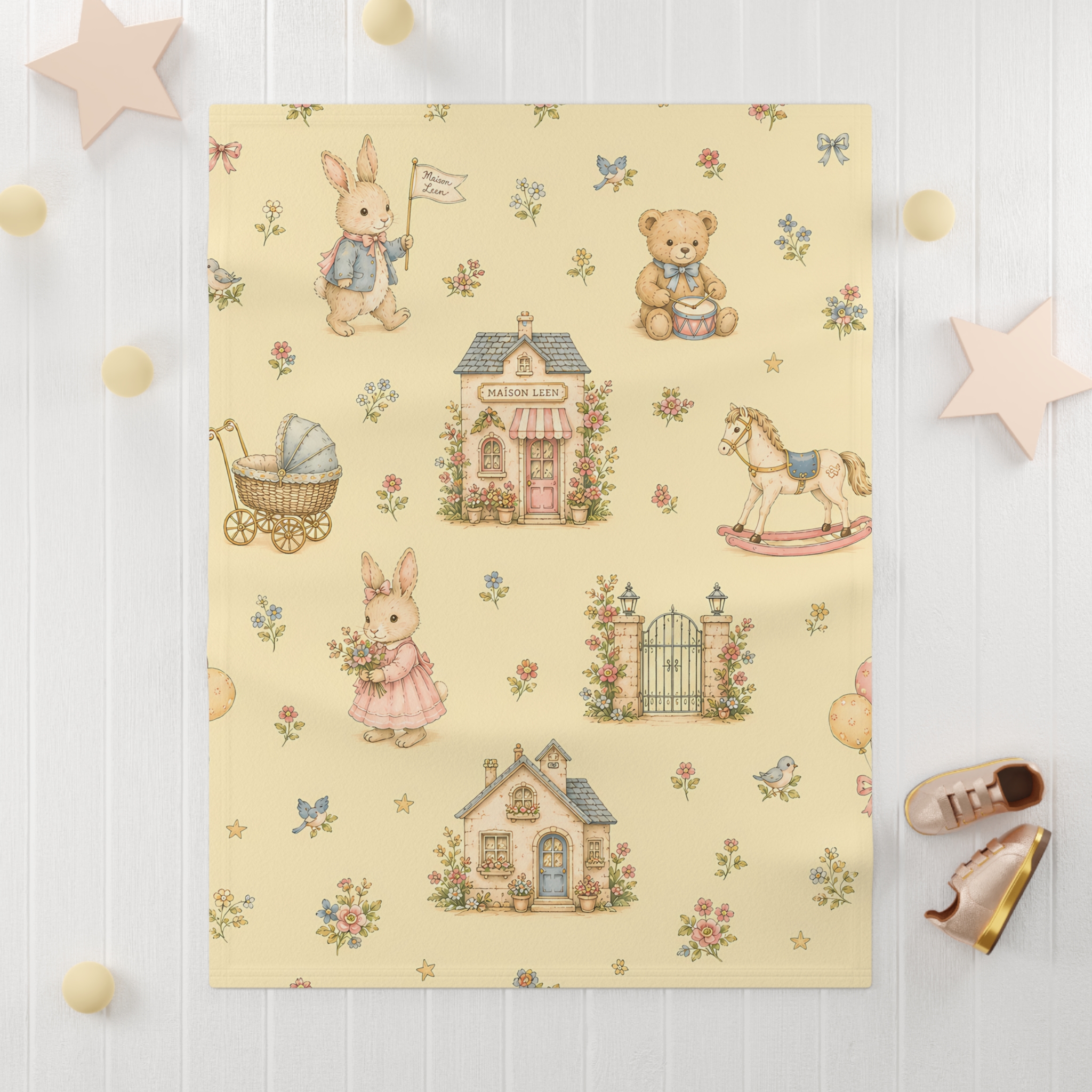 Vintage Nursery Soft Fleece Baby Blanket – Pastel Bunny, Teddy & Toy House Print - Image 3