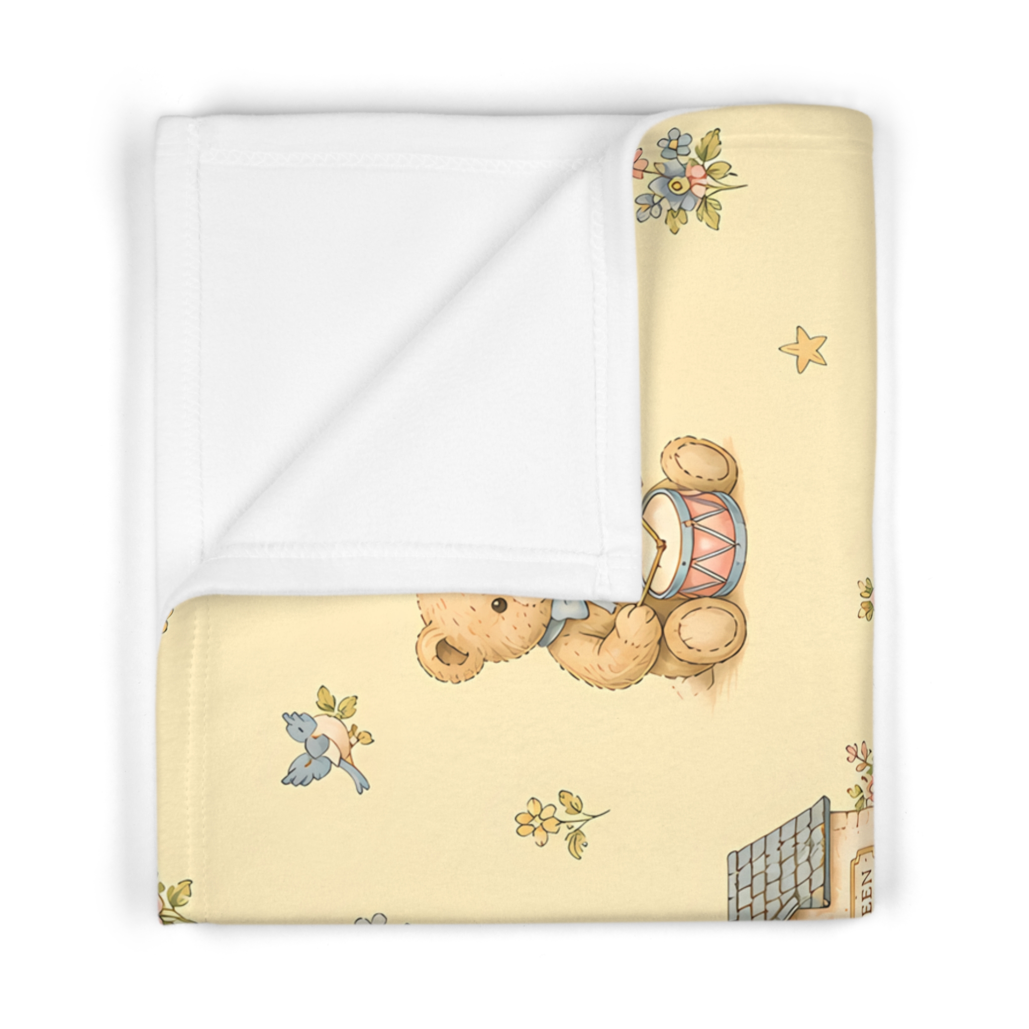 Vintage Nursery Soft Fleece Baby Blanket – Pastel Bunny, Teddy & Toy House Print - Image 2